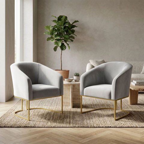 Kit 02 Poltronas Stella Suede Cinza Base Industrial Dourada - D’rossi