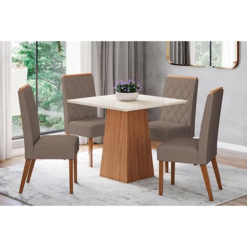 Conjunto: Mesa de Cozinha Dora C/ Tampo Madeirado 90x90cm e 4 Cadeiras Nina Nature/off White - Suede