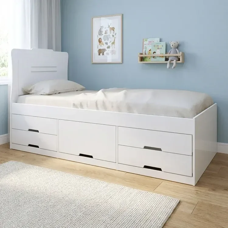 Cama Solteiro Infantil com 5 Gavetas Puxador Embutido Alice Branco