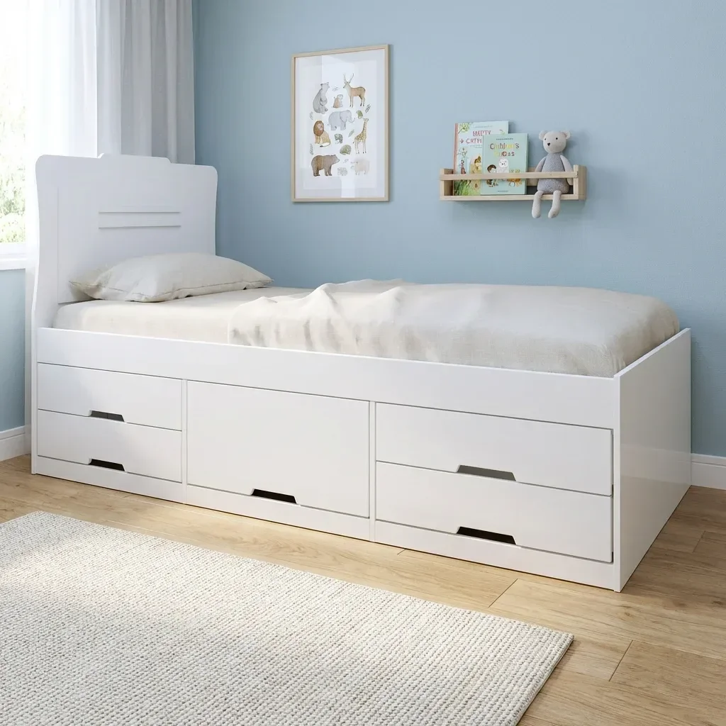 Cama Solteiro Infantil com 5 Gavetas Puxador Embutido Alice Branco