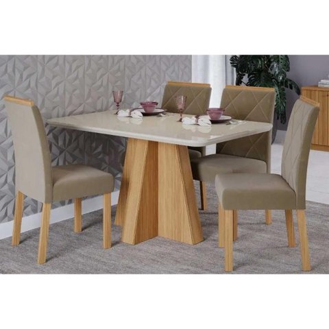 Sala de Jantar Completa Maitê Tampo Madeirado C/ Vidro 130x80cm e 4 Cadeiras Fernanda Nature/off