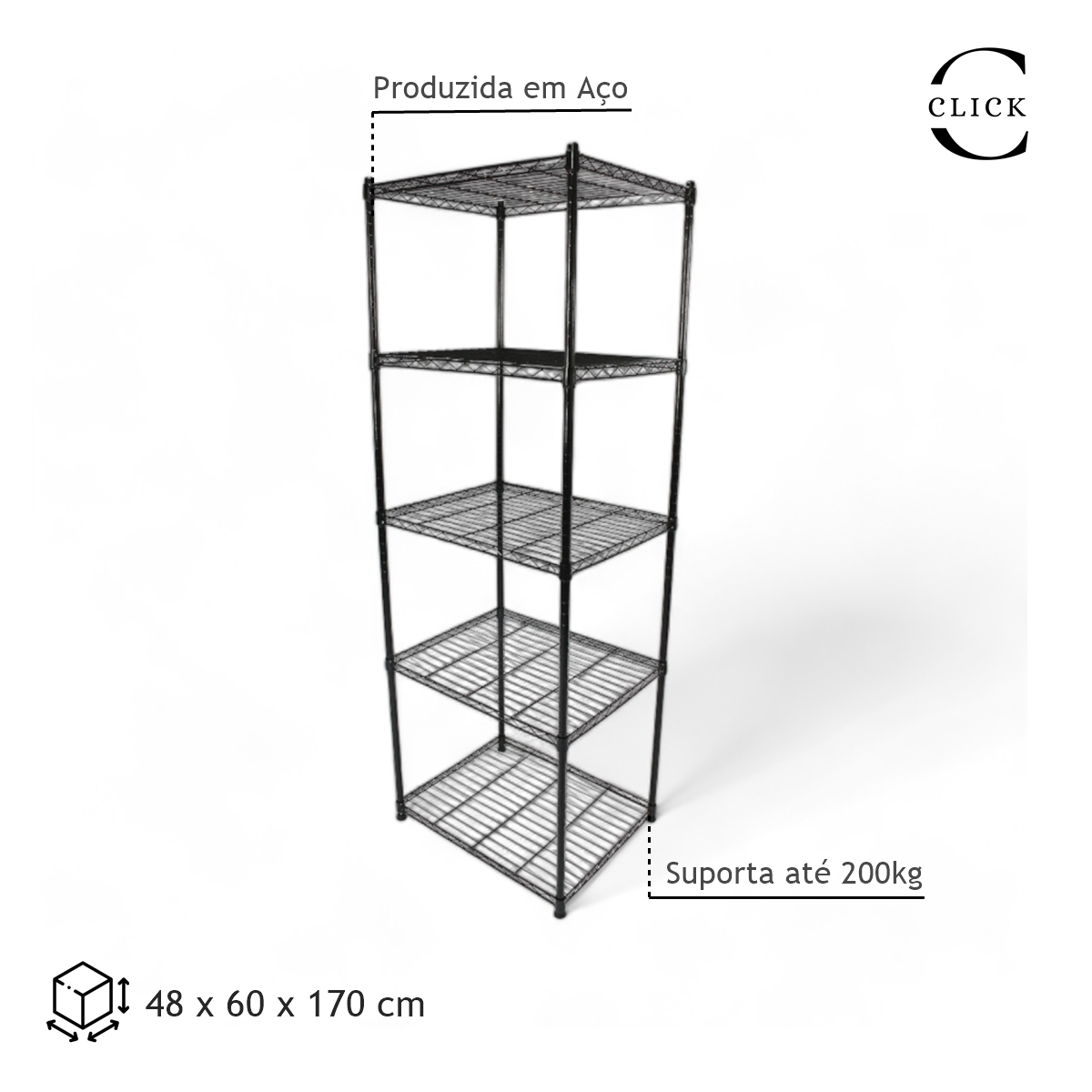 Estante de Aço Preta com 5 Prateleiras Organizadora Ajustável 48x60x170 - 4