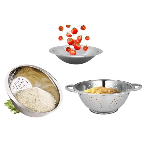 Kit Essencial Aço Inox 3 Peças Escorredor de Macarrão, Arroz e Saladeira - Mundial Import