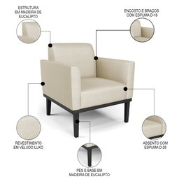 Poltrona Decorativa Base Madeira Preto Maressa Veludo Luxo Off White - Ibiza - 3