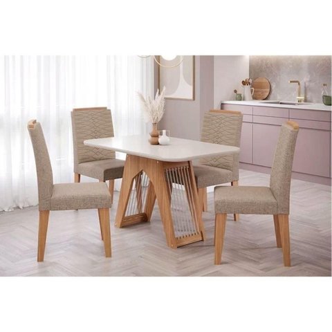 Conjunto Mesa Sala Jantar Carol Tampo Madeirado com Vidro 130x80cm e 4 Cadeiras Clarice Madeirado