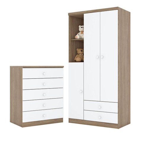 Cômoda e Guarda Roupa Infantil Pique-esconde Rústico Branco - Henn