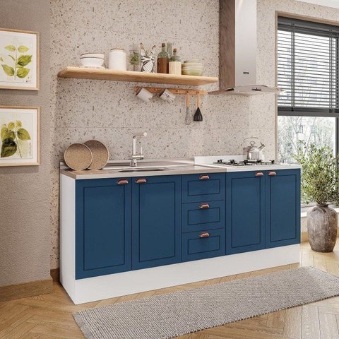 Cozinha Pérola com Rodapé 2 Peças Balcão 3 Gavetas 2 Portas e Balcão 2 Portas Yescasa Azul/Branco