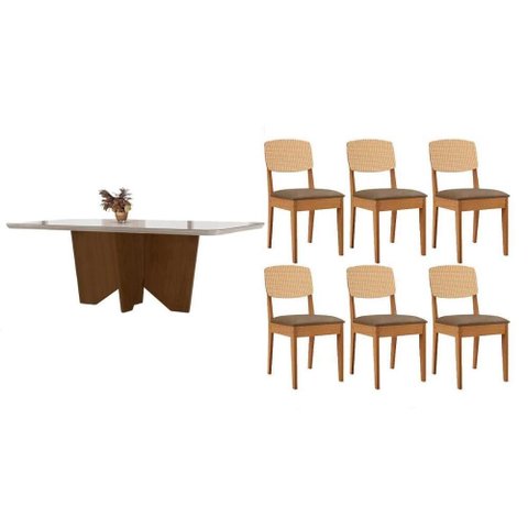 Conjunto Sala de Jantar Nevada C/ Tampo Madeirado C/ Vidro Canto Curvo 180x90cm e 6 Cadeiras Havana