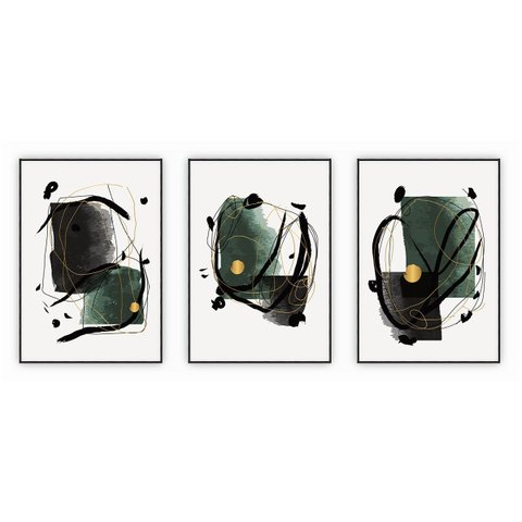 kit com 3 Quadros Decorativos Abstratos com Moldura e Vidro para Sala Quarto Escritório e Clínica 67