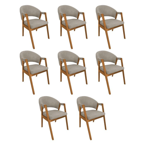 Kit 8 Cadeiras de Jantar Helen Estofadas Base em Madeira Maciça Cerejeira Assento Cinza Linho