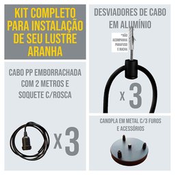 Lustre Aranha com 3 Pendentes (2m Cabo Preto + Soquetes + Canopla) - 2