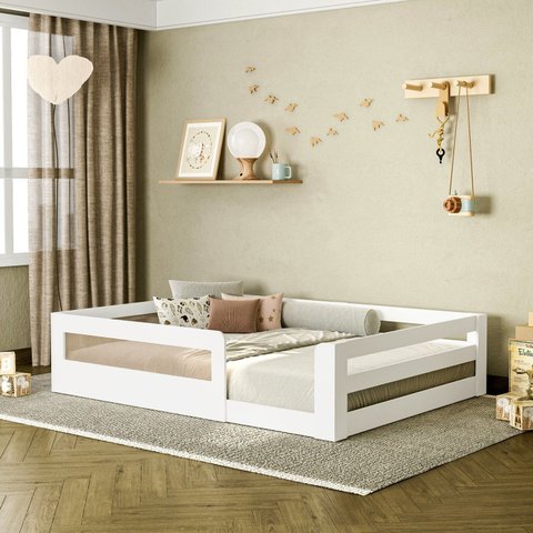 Cama Montessoriana Infantil Space Casal com Rattan e Grade de Segurança Casatema MadeiraOriginals Branco