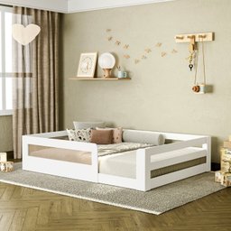 Cama Montessoriana Infantil Space Casal com Rattan e Grade de Segurança em Mdp Casatema - 1