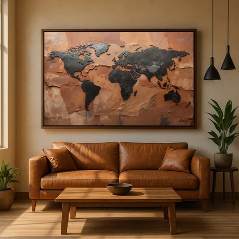 Quadro Mapa Mundi Terracota e Grafite Metálico 123x83cm