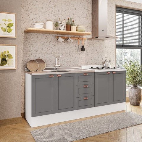 Cozinha Pérola com Rodapé 2 Peças Balcão 3 Gavetas 2 Portas e Balcão 2 Portas Yescasa Cinza/Branco