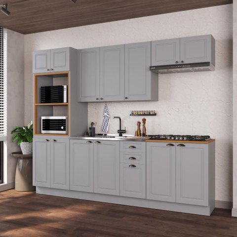 Armário de Cozinha Modulada Completa Fidelitá Nara 100% MDF 5 Peças 270cm 14 Portas 2 Gavetas sem