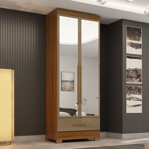 Guarda-Roupa MDF 2 Portas 1 Gaveta com Espelhos Smart Plus Espresso Móveis Bege/Cinamomo Cappuccino