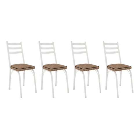 Kit 4 Cadeiras de Cozinha Luisiana Estampado Rattan Bege Pés de Ferro Branco - Pallazio