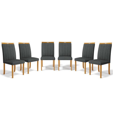 Kit com 6 Cadeiras Aurora Madeira Maciça Estofadas para Mesa de Jantar Linho Chumbo 406