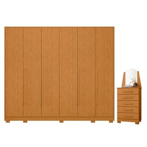Guarda Roupa Casal Mercure 6 Portas e Cômoda New Veneza 05 Gavetas com Espelho Cinamomo - Móveis