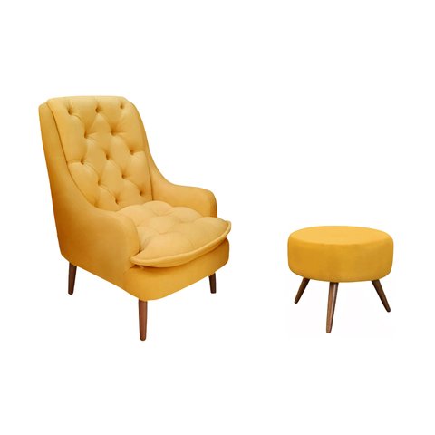 Kit Poltrona Lille e Puff Suede Mostarda - Dominic Decor