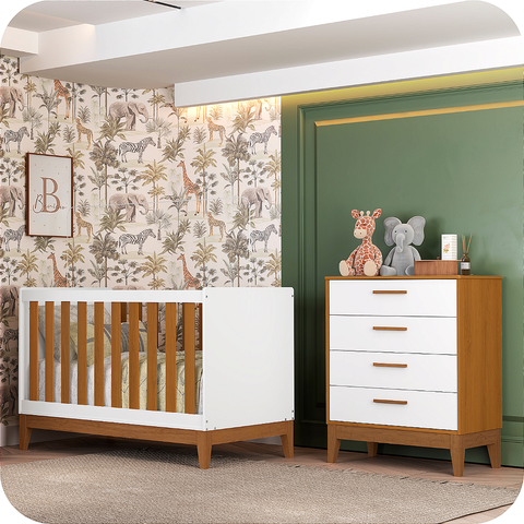 Quarto de Bebê Berço Americano + Cômoda Infantil 4g Branco Savana Flip com Colchão