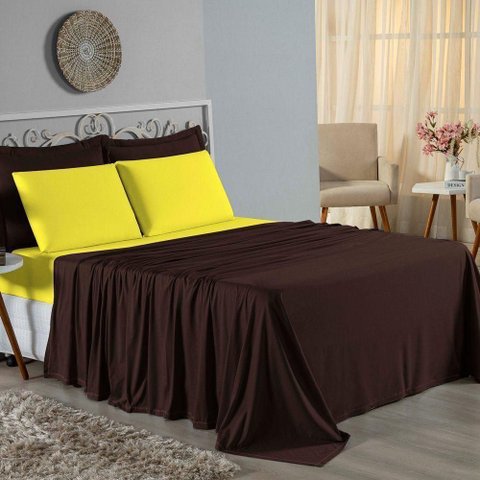 Jogo de Cama Casal Viúva Nobre 4 Peças Malha 100% Algodão - Marrom / Amarelo