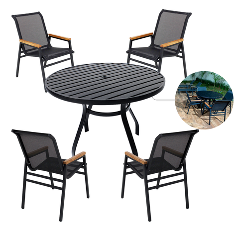Jogo de Mesa 90cm Ripado + 4 Cadeiras Praia Tela Sling para Jardim Piscina Cozinha