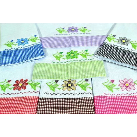 Jogo de Semaninha em Ponto Cruz e Barrado - Flores Arte & Tear