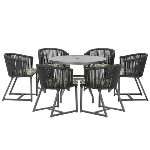 Mesa com 6 Cadeiras de Jantar Roma 120cm e Noronha em Alumínio Preto Corda Náutica Estofado 5 Trama