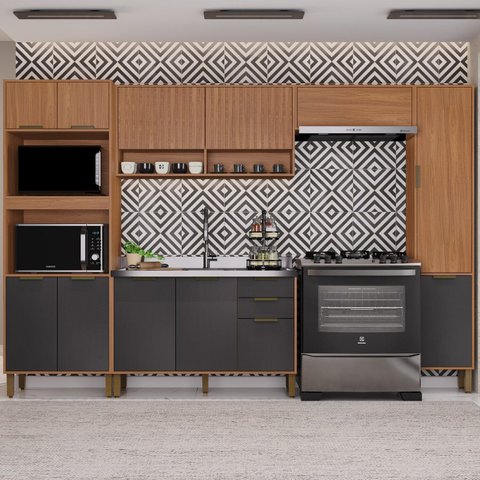 Cozinha Modulada Torre Quente Aéreo 2 Portas Ripado 5 Peças Florença Marrom/Chumbo/Freijó