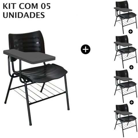 Kit 05 Cadeiras Universitárias com Porta Livros Cor Preto Prancheta Plástica