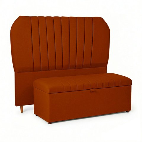 Conjunto de Cabeceira e Recamier Baú Elegante para Cama de Casal 140 Hera Linho