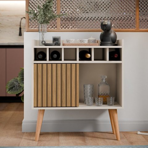 Aparador Buffet Florença Cantinho do Café com Adega com Porta de Correr - Off White com Ripado