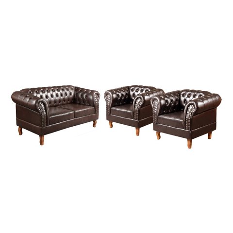 Sofá 2 Lugares Com 2 Poltronas Chesterfield Capitonê Dom Pedro - Couríssimo Marrom Café