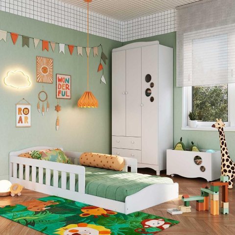 Cama Infantil com Guarda Roupa 3 Portas e Caixa Organizadora Cor:branco