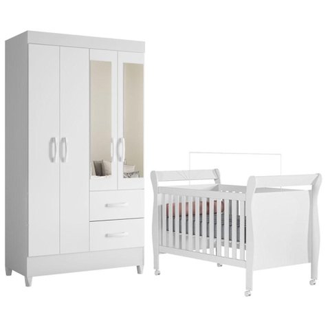 Berço Americano Slim com Guarda Roupa Mobi com Espelho Branco Flex - Móveis Albatroz