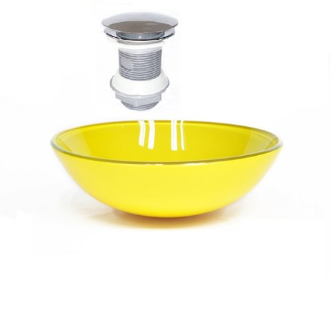 CUBA DE VIDRO REDONDA 42CM AMARELA + VÁLVULA CLICK
