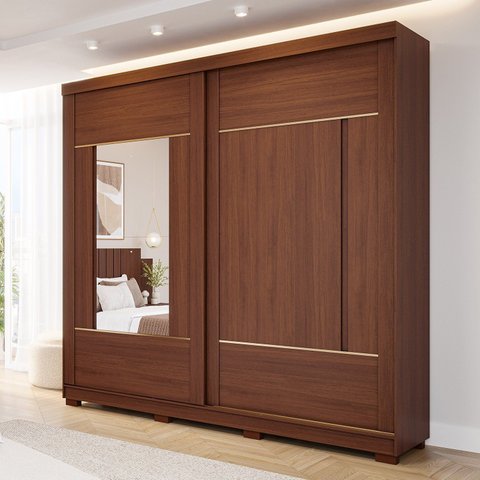 Guarda-Roupa Casal 229cm 2 Portas de Correr com Pés e 2 Espelhos MDF Talin Marrom/Jequitiba