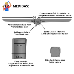 Ralo Linear Seca o Box 5x70 Banheiro Inox Oriente Coletor Cinza Saídas 40mm e Tela (5cm X 70cm) - 5
