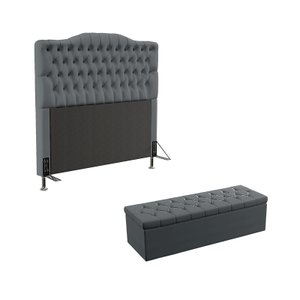 Kit Cabeceira Decorativa Para Cama Box Pollux e Calçadeira Sagitarius 195 Para Cama King Sued Cinza 