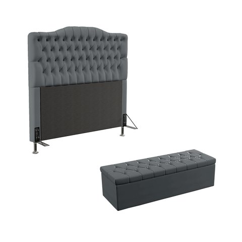 Kit Cabeceira Decorativa Para Cama Box Pollux e Calçadeira Sagitarius 195 Para Cama King Sued Cinza 