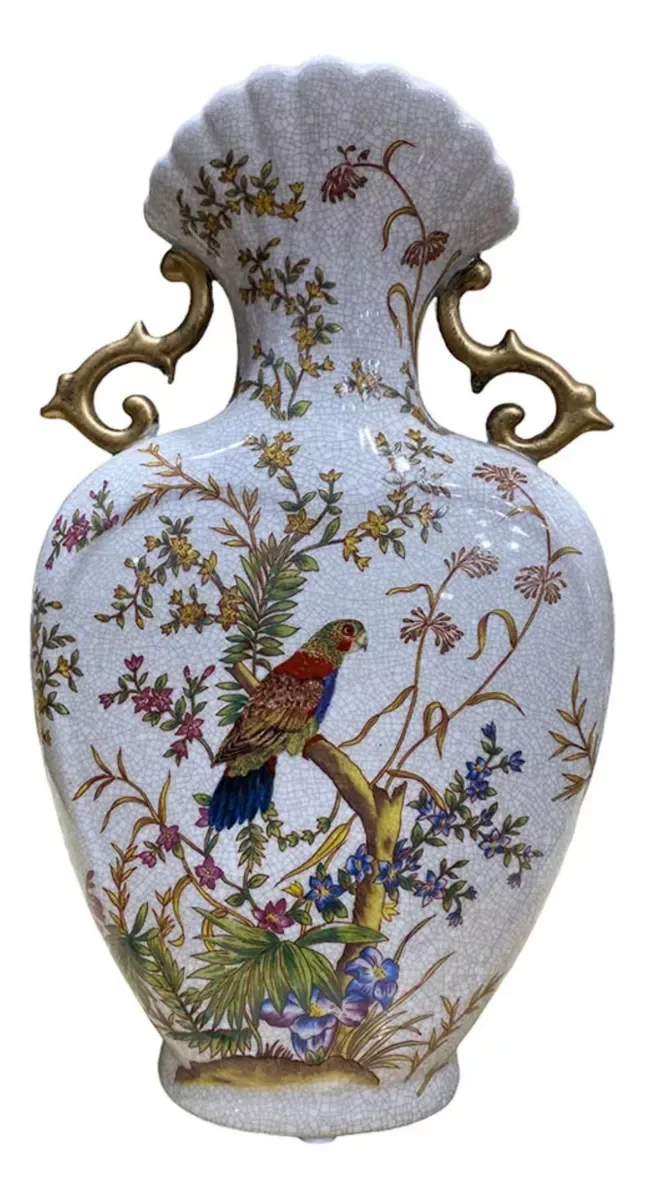Vaso Decorativo Porcelana Colorido Bege Pássaros 35x20 - 3