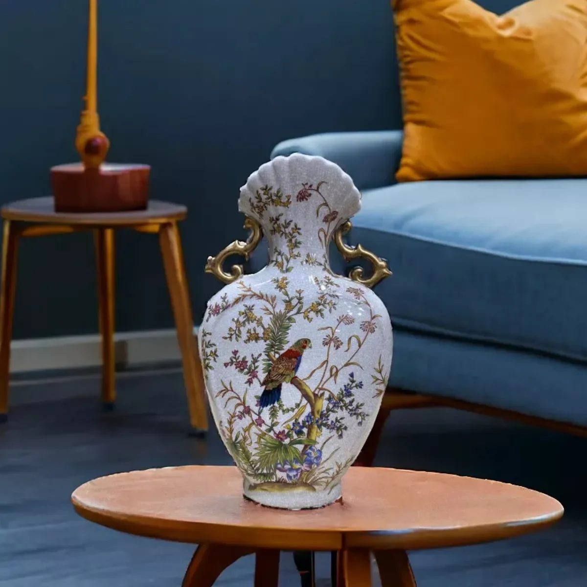 Vaso Decorativo Porcelana Colorido Bege Pássaros 35x20 - 1