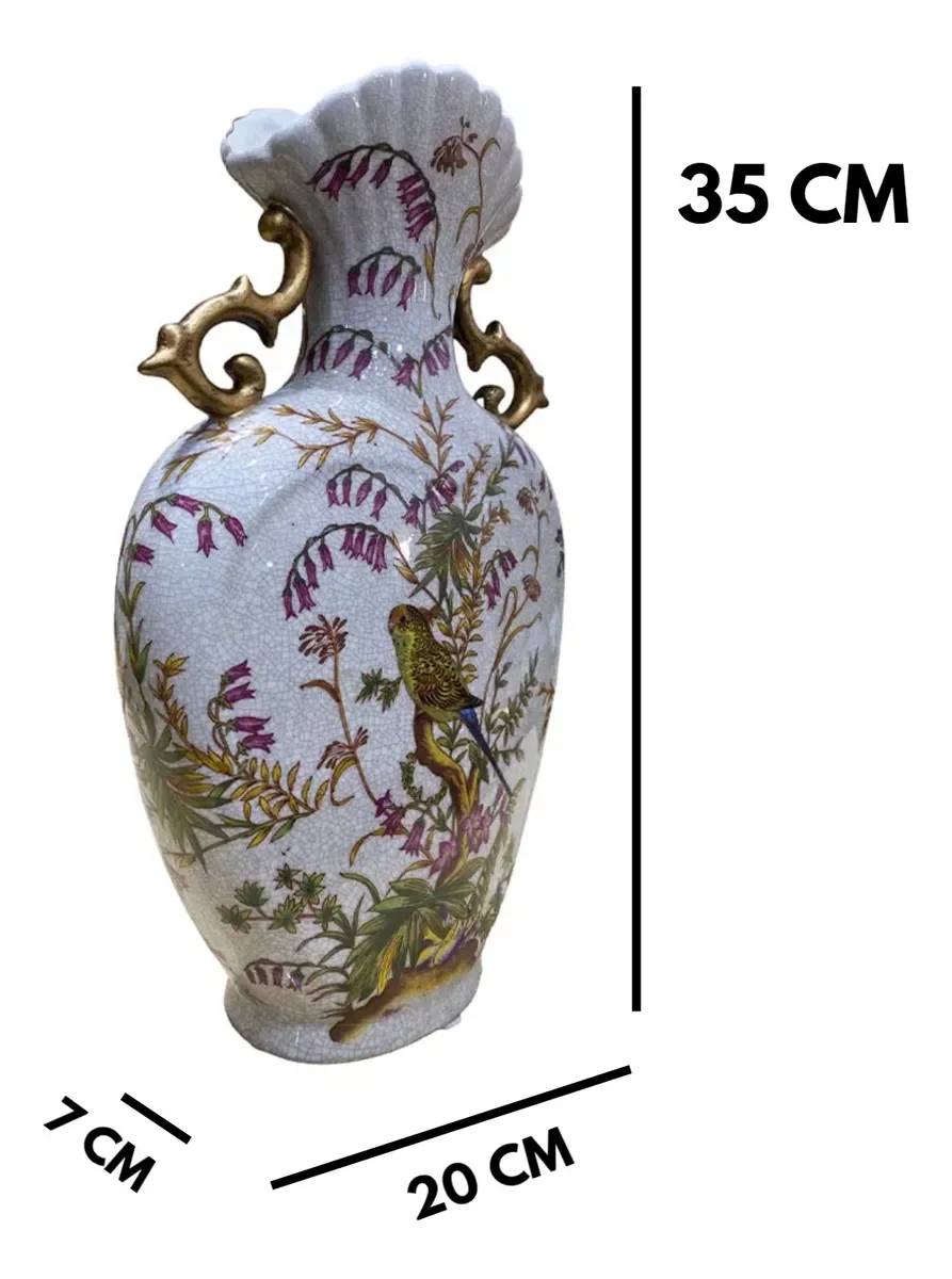 Vaso Decorativo Porcelana Colorido Bege Pássaros 35x20 - 4