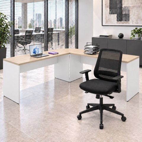 Mesa de Escritório em L 140x60cm com Conexão + Cadeira de Escritório Netflex Ergonômica Reclinável
