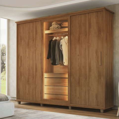 Guarda-Roupa Casal 3 Portas de Correr 1 Porta com Vidro Reflecta com LED 5 Gavetas Portugal Carvalho