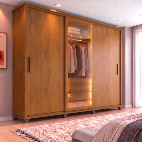 Guarda-Roupa Casal Porta Reflecta 3 Portas de Correr 4 Gavetas com LED Carvalho Tapajós Portugal