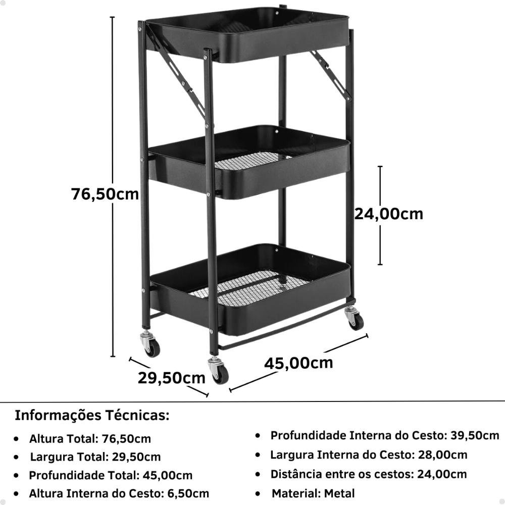 Carrinho Multiuso Organizador Dobrável com 3 Prateleiras - Preto - 7