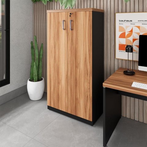 Armário Escritório F5 2 Portas 4 Prateleiras MDP 80cm Nogal com Preto F5 Office